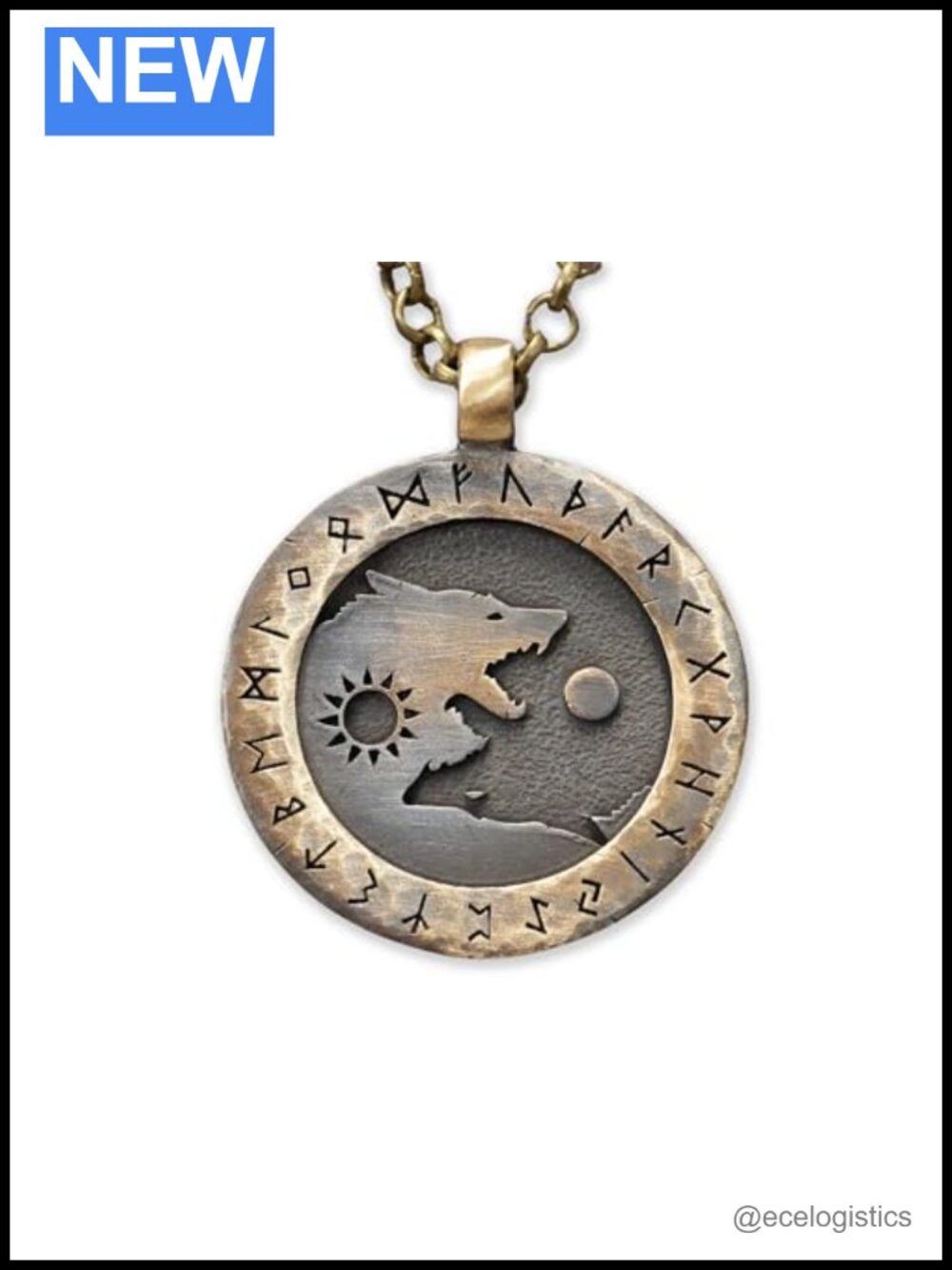Solid Brass Viking Wolf Yin Yang Necklace 22in Chain Norse Pendant